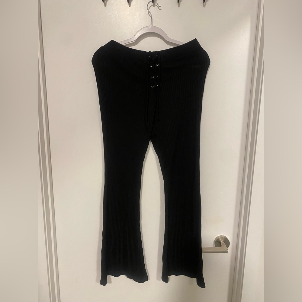 Topshop Black Ribbed Lace-Up Flared Pants - US 6